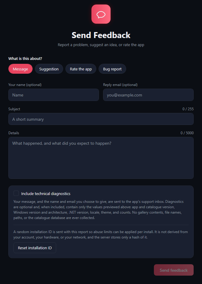 The feedback form: four topic buttons, name and reply email, Subject 0 / 255, Details 0 / 5000, the diagnostics option, Reset installation ID and the Send feedback button.