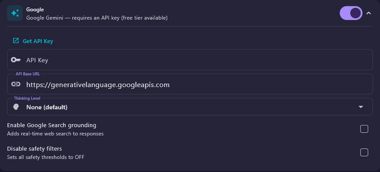 The Google card expanded: a Get API Key link, an empty API Key field, the API Base URL, Thinking Level set to None (default), and the tick boxes Enable Google Search grounding and Disable safety filters.