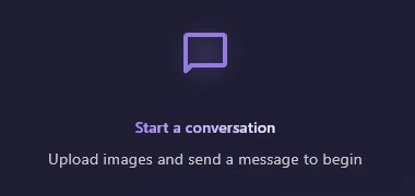 The empty Chat tab: a speech-bubble icon, Start a conversation, and Upload images and send a message to begin.