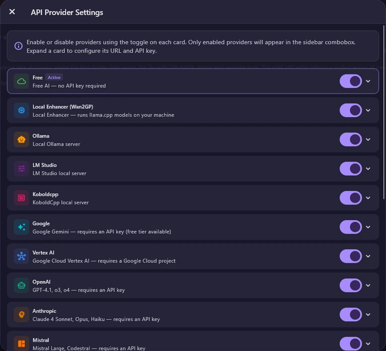 API Provider Settings, top of the list: a note about the switches, then the cards Free (Active), Local Enhancer (Wan2GP), Ollama, LM Studio, Koboldcpp, Google, Vertex AI, OpenAI, Anthropic and Mistral, each with a switch.