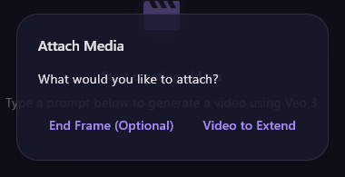 The Attach Media dialog asking What would you like to attach?, with End Frame (Optional) and Video to Extend.