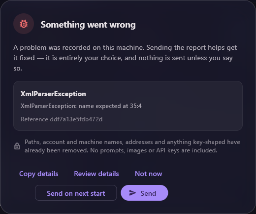 The Something went wrong window: an explanation, a box with the error name, a short description and a reference, a privacy note, and the buttons Copy details, Review details, Not now, Send on next start and Send.