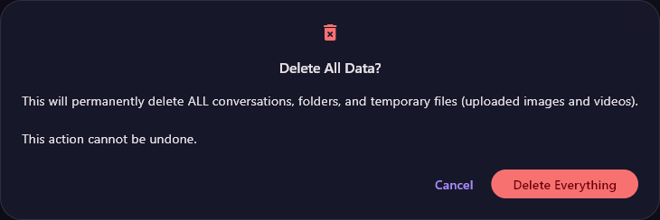 The Delete All Data? confirmation, warning that all conversations, folders and temporary files will be deleted, with Cancel and Delete Everything buttons.