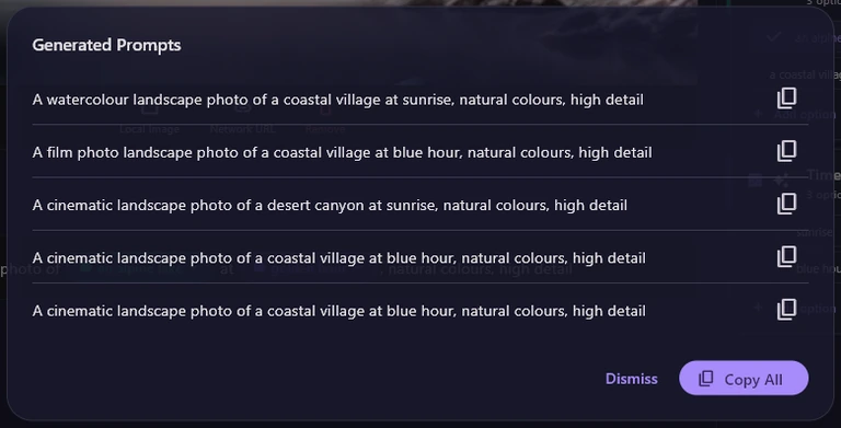 The Generated Prompts window with five landscape prompts, each with a copy button, and Dismiss and Copy All at the bottom.