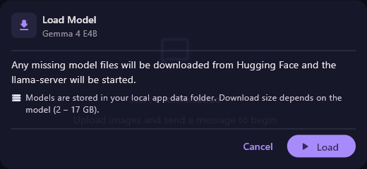 The Load Model dialog for Gemma 4 E4B: missing model files will be downloaded from Hugging Face, download size 2 – 17 GB, with Cancel and Load.