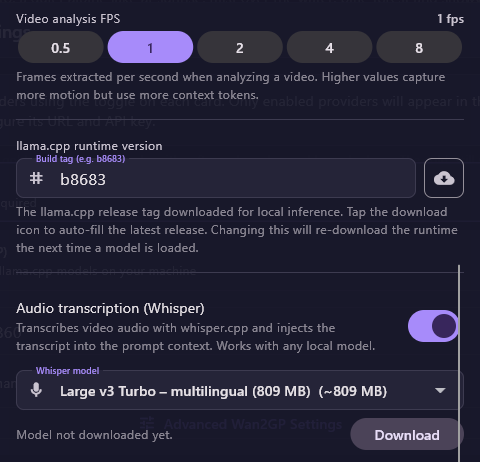 Further down: Video analysis FPS, llama.cpp runtime version b8683 with a download button, Audio transcription (Whisper) switched on, Whisper model Large v3 Turbo – multilingual (809 MB), Model not downloaded yet, and Download.