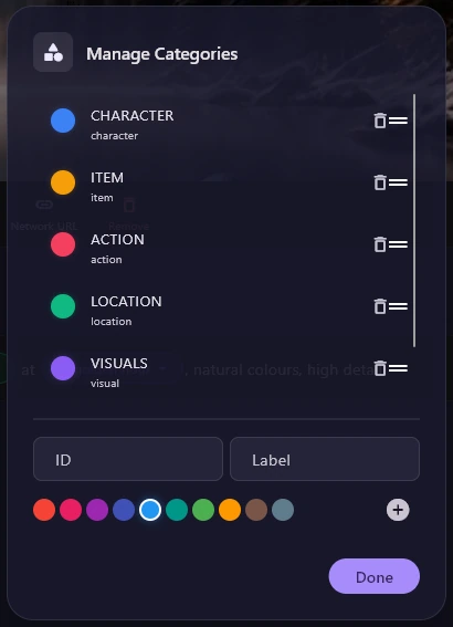 The Manage Categories dialog listing CHARACTER, ITEM, ACTION, LOCATION and VISUALS with coloured dots and delete and drag icons, then ID and Label boxes, a row of colours and Done.