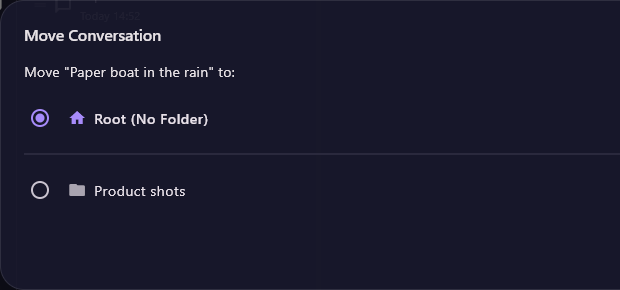The Move Conversation dialog: Move “Paper boat in the rain” to:, with Root (No Folder) selected and a Product shots folder below it.