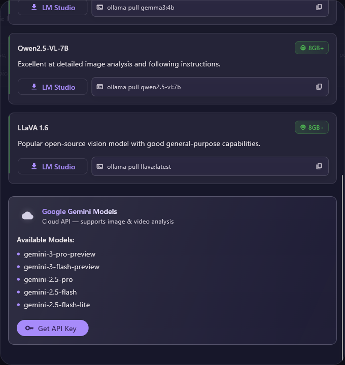 Further down: Qwen2.5-VL-7B and LLaVA 1.6, then the Google Gemini Models box listing five Gemini models and a Get API Key button.