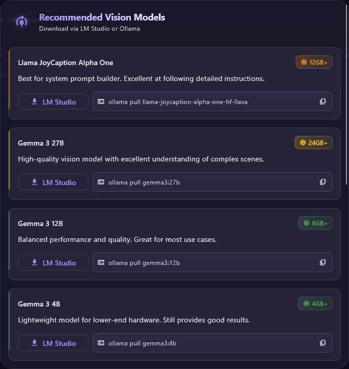 Recommended Vision Models: cards for Llama JoyCaption Alpha One, Gemma 3 27B, Gemma 3 12B and Gemma 3 4B, each with a memory badge, an LM Studio button and an ollama pull command.