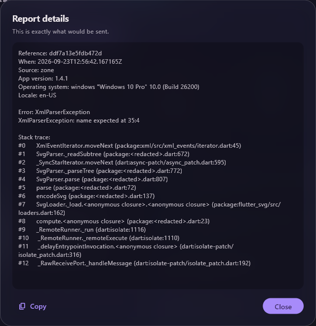 The Report details window showing the reference, time, app version, operating system, language, the error and a technical trace, with Copy and Close.