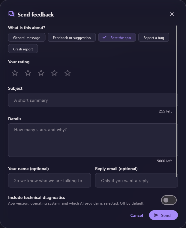 The Send feedback form with Rate the app selected: five empty rating stars, Subject, Details, Your name (optional), Reply email (optional), the Include technical diagnostics switch turned off, and Cancel and Send.