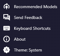 The footer items: Recommended Models, Send Feedback, Keyboard Shortcuts, About and Theme: System.