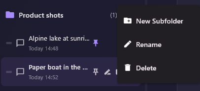 A folder's ⋮ menu open beside the Product shots folder: New Subfolder, Rename and Delete.