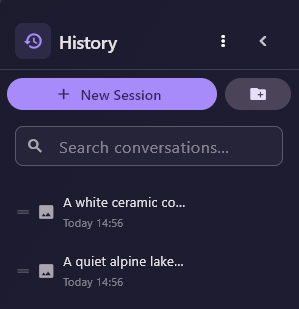 The Image Studio History panel with New Session, the new-folder button, the search box and two sessions, A white ceramic co... and A quiet alpine lake...