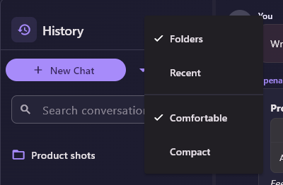 The History options menu: Folders (ticked), Recent, Comfortable (ticked) and Compact.
