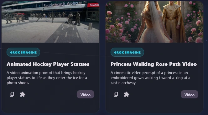 Two example cards from the Grok Imagine library, Animated Hockey Player Statues and Princess Walking Rose Path Video, each with a picture, a description, copy and puzzle icons and a Video button.