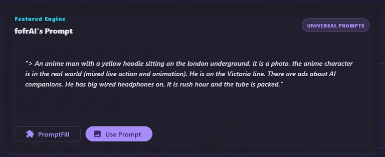 The Featured Engine card: a prompt title, a Universal Prompts badge, the prompt text, and the PromptFill and Use Prompt buttons.