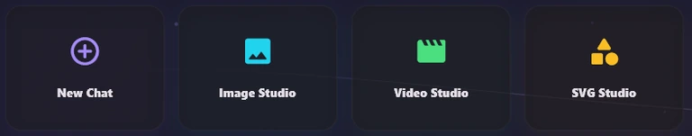 Four tiles: New Chat, Image Studio, Video Studio and SVG Studio.
