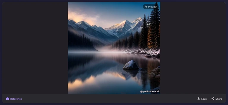 A generated picture of a misty alpine lake with snowy peaks, a Preview badge in its corner, and Reference, Save and Share below it.