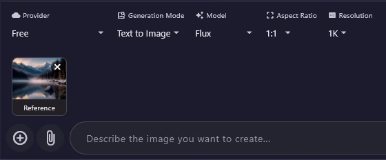 The settings row with the alpine-lake picture as a Reference thumbnail above the prompt box.