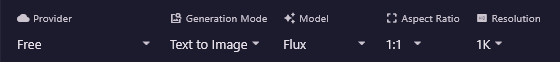 The settings row: Provider Free, Generation Mode Text to Image, Model Flux, Aspect Ratio 1:1 and Resolution 1K.