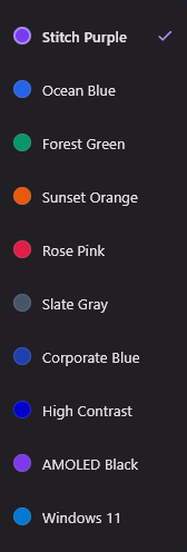 The Choose theme menu listing ten palettes with coloured dots, Stitch Purple ticked.