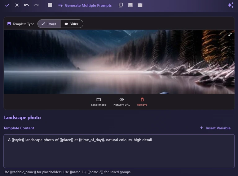 Edit mode for Landscape photo: tick, cross, undo and redo in the toolbar, Template Type with Image selected, the cover with Local Image, Network URL and Remove, and the Template Content box with Insert Variable.