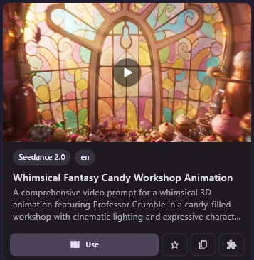 A prompt card: a video still with a play button, the chips Seedance 2.0 and en, the title Whimsical Fantasy Candy Workshop Animation, a description, and the Use, star, copy and puzzle buttons.