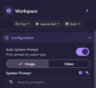 The Workspace sidebar: chips Free, openai-fast and Auto, then Configuration with Auto System Prompt switched on, the Image / Video toggle on Image, and the System Prompt search box.