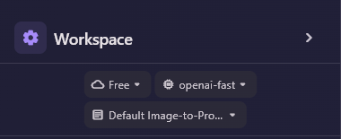 The top of the Workspace sidebar: the Provider chip Free, the Model chip openai-fast and the System prompt chip Default Image-to-Pro…