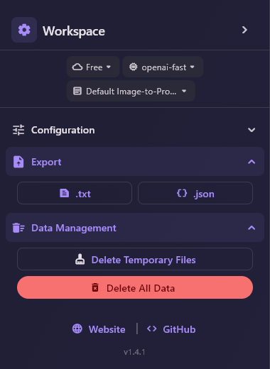 The Workspace sidebar with the Export section (.txt and .json buttons) and the Data Management section (Delete Temporary Files and Delete All Data), above the Website and GitHub links and the version v1.4.1.