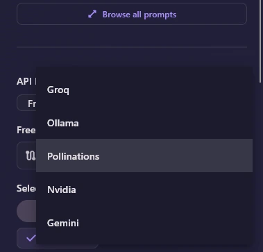 The Free Route list open in the sidebar with Groq, Ollama, Pollinations, Nvidia and Gemini; Pollinations is highlighted.