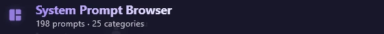 The browser title, System Prompt Browser, with 198 prompts · 25 categories.