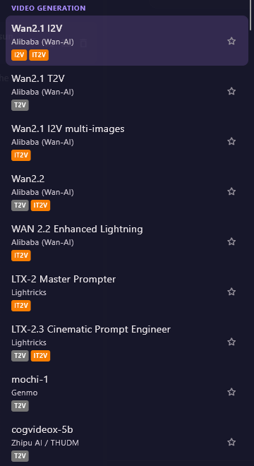 The Video Generation group in the list: Wan2.1 I2V (selected), Wan2.1 T2V, Wan2.2, LTX-2 Master Prompter, mochi-1 and more, each with its vendor, orange or grey badges and a star.
