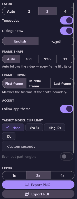 The options column, upper part: Layout (Auto, 2, 3, 4), the Timecodes and Dialogue row switches, English or العربية, Frame shape, Frame shown, Accent, Target model clip limit, Export quality 1x, 2x or 4x, Export PNG and Export PDF.