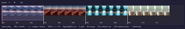The filmstrip: Zoom minus and plus and Fit, thumbnails of four shots separated by white cut lines over a time ruler, and a line of shortcut hints underneath.