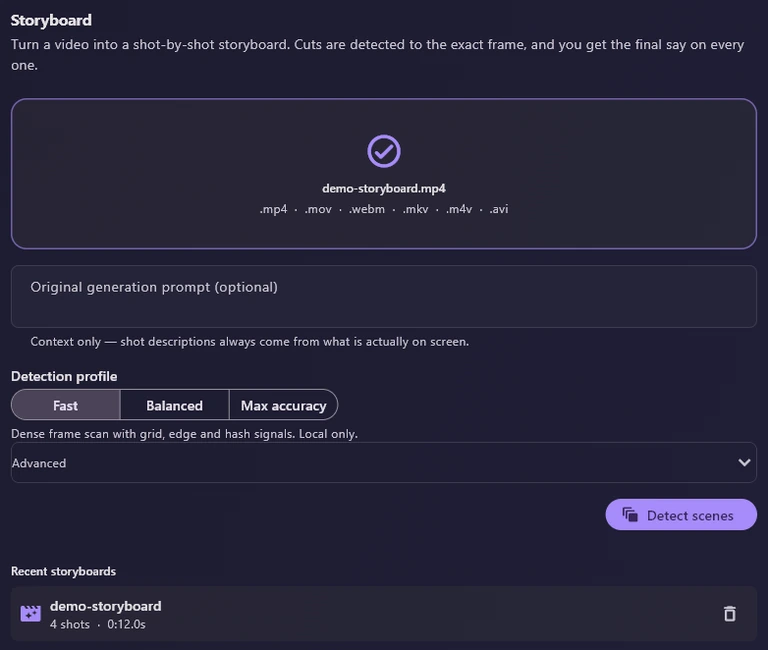 Close-up of the import screen: demo-storyboard.mp4 in the drop zone with the accepted formats, the Original generation prompt box, Fast selected, Advanced folded, Detect scenes, and Recent storyboards below.