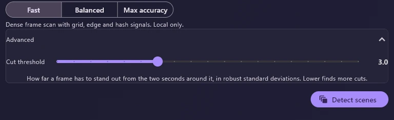 The Advanced section unfolded: the Cut threshold slider set to 3.0, with its explanation underneath.