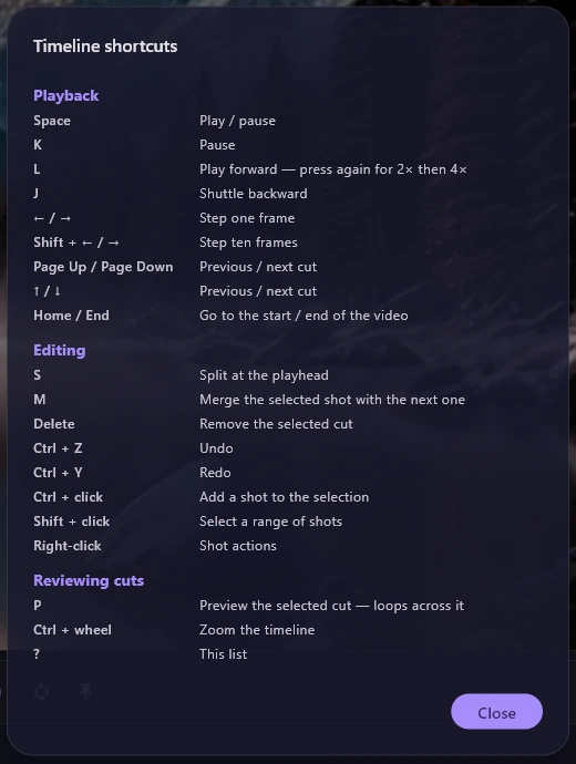 The Timeline shortcuts window, grouped into Playback, Editing and Reviewing cuts, with a Close button.