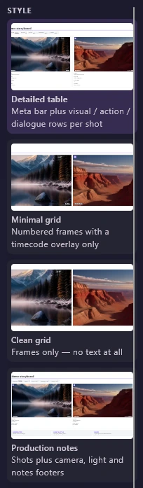 The STYLE column with previews of Detailed table, Minimal grid, Clean grid and Production notes, each with a one-line description.