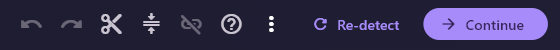 Toolbar buttons: undo, redo, scissors, merge, a greyed delete-cut icon, a question mark, three dots, Re-detect and Continue.