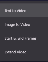 The Generation Mode list: Text to Video, Image to Video, Start & End Frames and Extend Video.