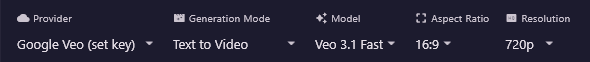 The settings row: Provider Google Veo (set key), Generation Mode Text to Video, Model Veo 3.1 Fast, Aspect Ratio 16:9 and Resolution 720p.