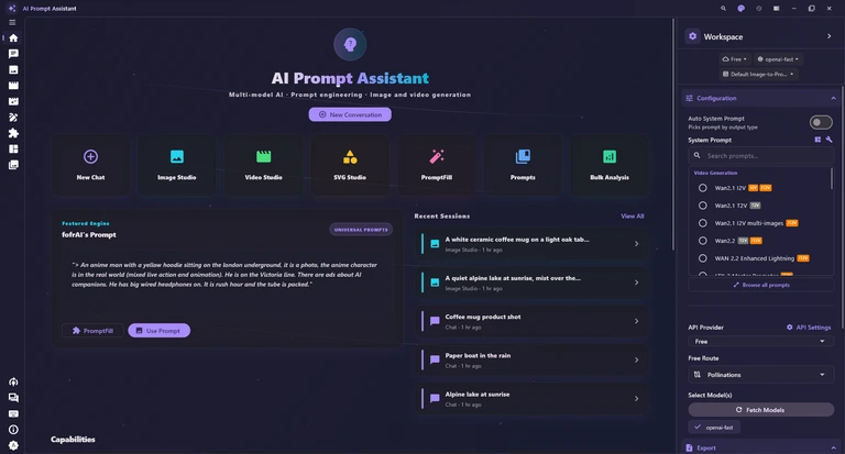 The AI Prompt Assistant window on the Home tab: navigation icons on the left, New Conversation, tool tiles, Featured Engine and Recent Sessions in the middle, and the Workspace sidebar on the right.