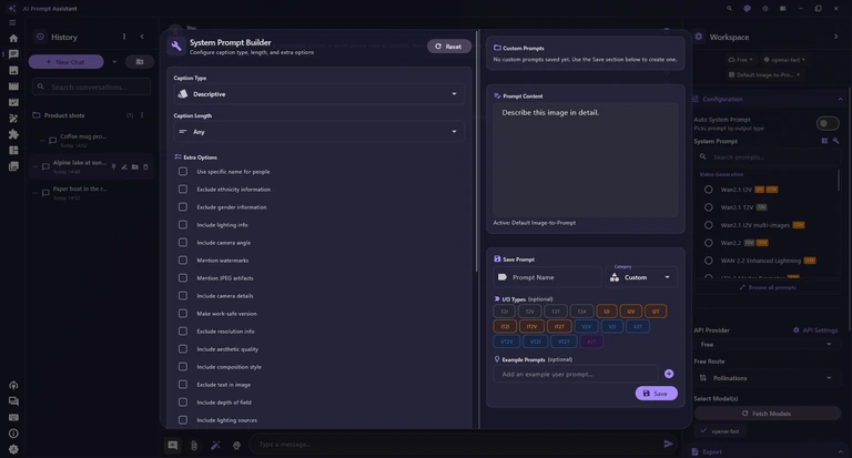 The System Prompt Builder: Caption Type, Caption Length and Extra Options on the left; Custom Prompts, Prompt Content and Save Prompt on the right; the sidebar behind it.