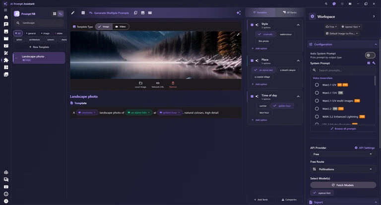 PromptFill in Editor view: the Landscape photo template with a cover picture and its filled-in text in the middle, and the Variables panel with Style, Place and Time of day on the right.