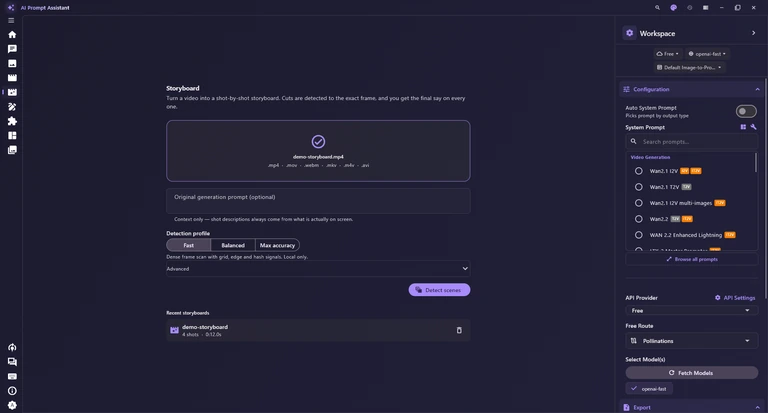 The Storyboard tab with a video file chosen, the optional prompt box, the Detection profile buttons, the Detect scenes button and one recent storyboard, with the Workspace sidebar on the right.