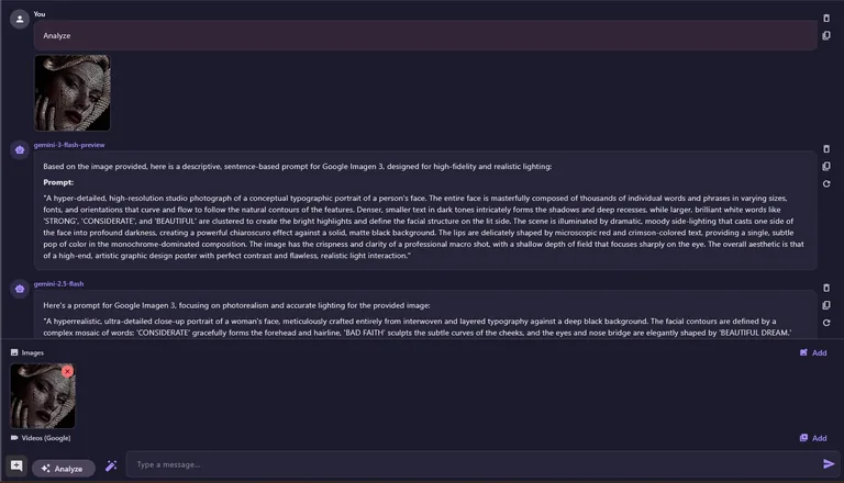 Chat workspace comparing AI responses to an attached image