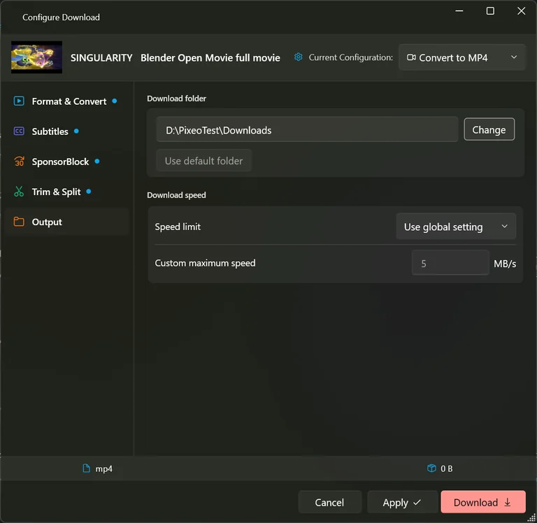 The Output section of Configure Download showing the destination folder for this video and its speed limit drop-down.
